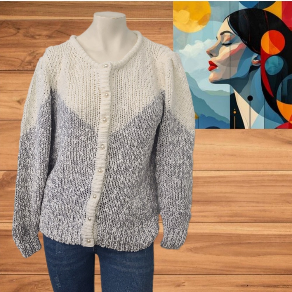 Vintage  DEB Chunky Slub Knit‎ Cardigan Sweater Puff Sleeve  Sz L